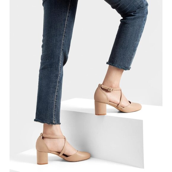 Women's Nude Synthetic Round Toe Cross Strap Low Block Heeled Dress Pumps - Picture 6 of 6